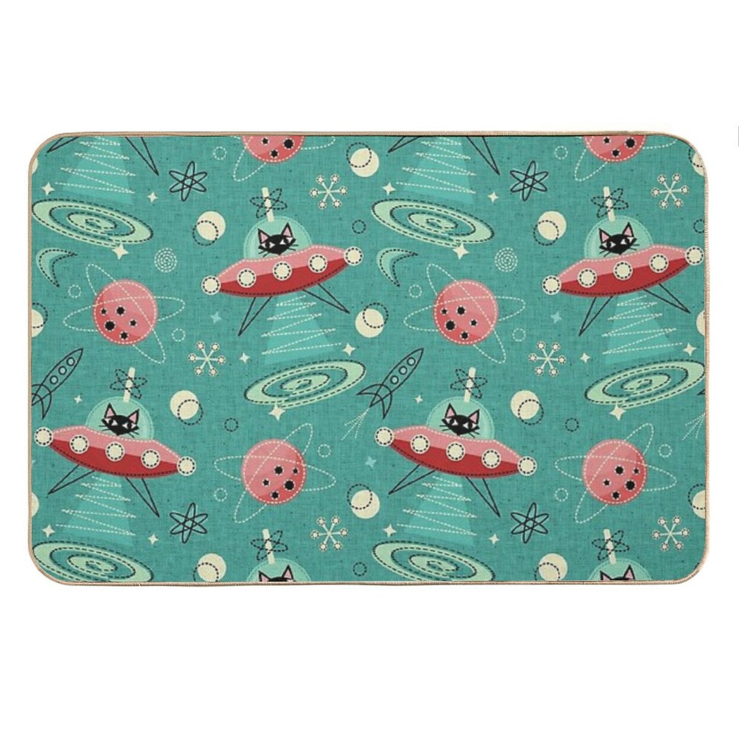 My Kitty Drives A UFO  Atomic Space Cat ©studioxtine Bath Mat