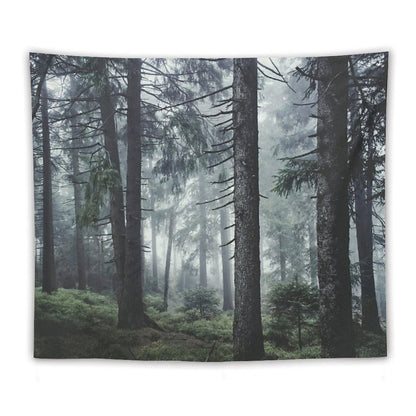 Path Vibes  Wild Romantic Misty Retro Fall Wilderness Fairytale Forest With Cascadia Trees Covered In Magic Blue Fog Season Tapestry