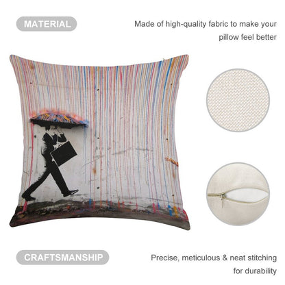 Banksy Umbrella Rainbow Happy Girl Linen Throw Pillow Cover