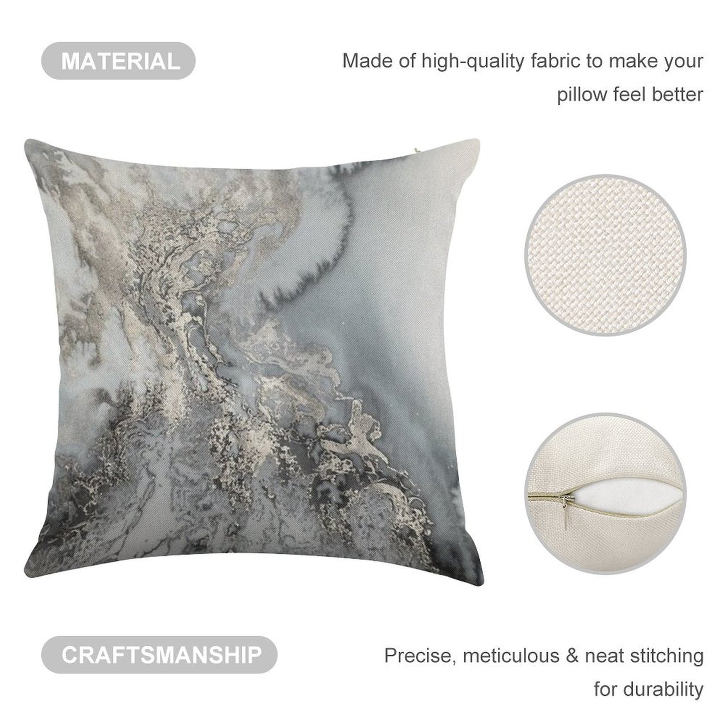 Gray Silver Snow Marble Print Linen Throw Pillow Cover