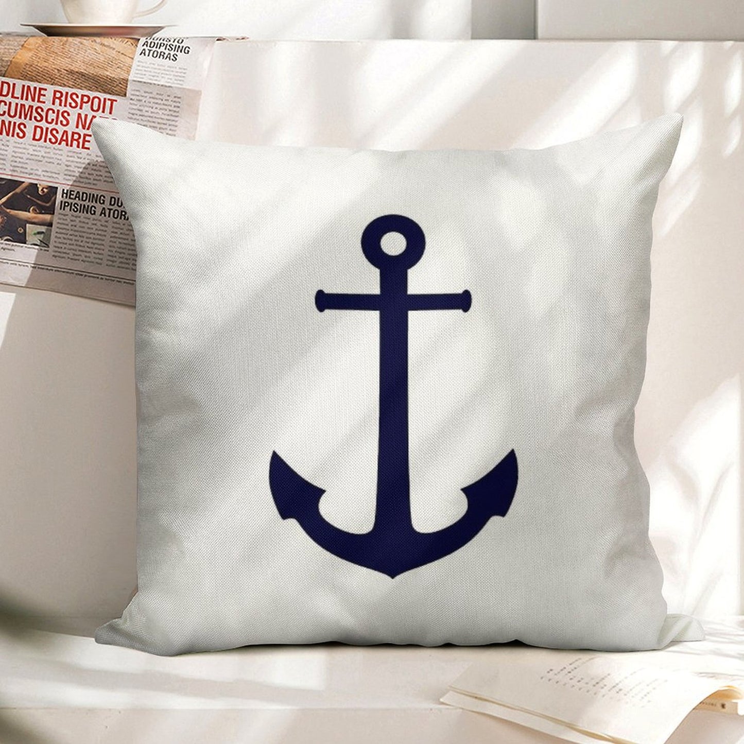 Navy Blue Anchor On White Linen Throw Pillow Cover
