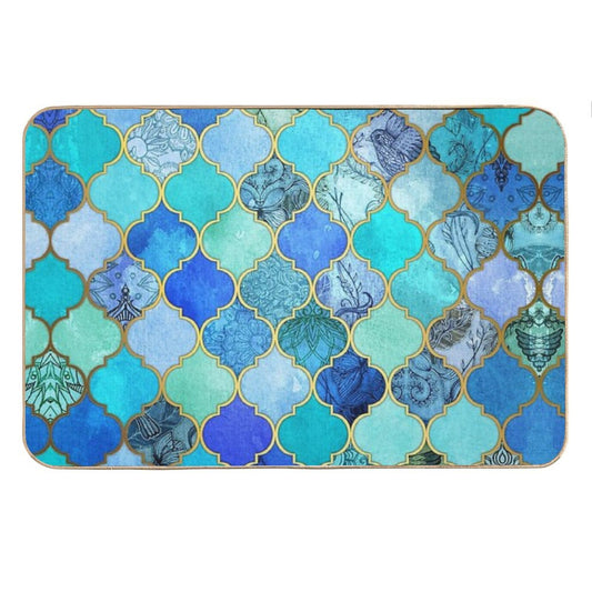 Cobalt Blue, Aqua & Gold Decorative Moroccan Tile Pattern Bath Mat