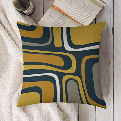 Palm Springs Mid-Century Modern Abstract Pattern in Light And Dark Mustard, Gray, And White on Navy Blue Linen Throw Pillow Cover