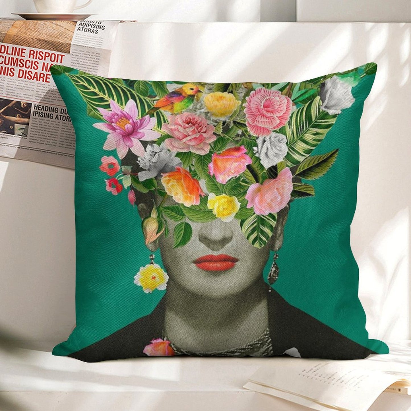 Frida Floral (Green) Linen Throw Pillow Cover