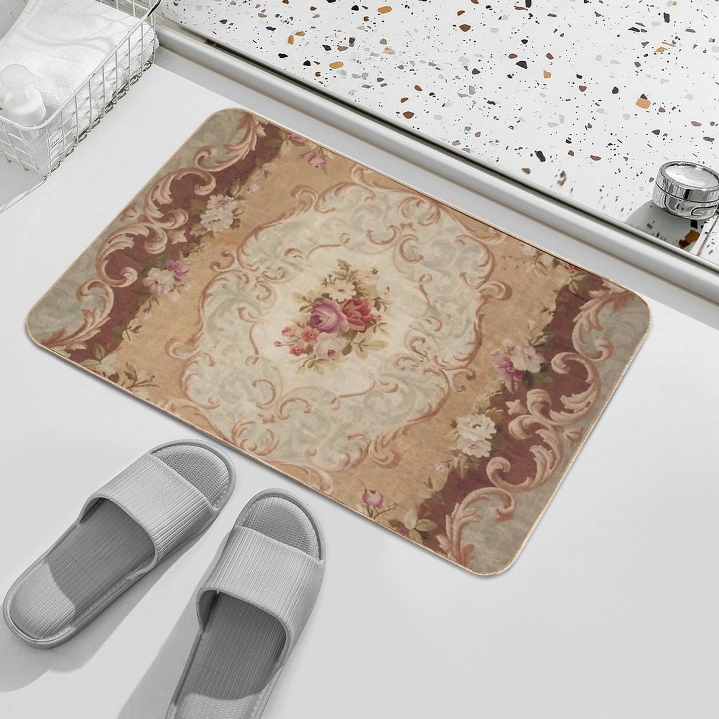 Antique Rose Floral French Aubusson Rug Print Bath Mat
