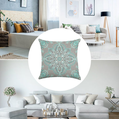 Teal And Aqua Lace Mandala on Grey Linen Throw Pillow Cover