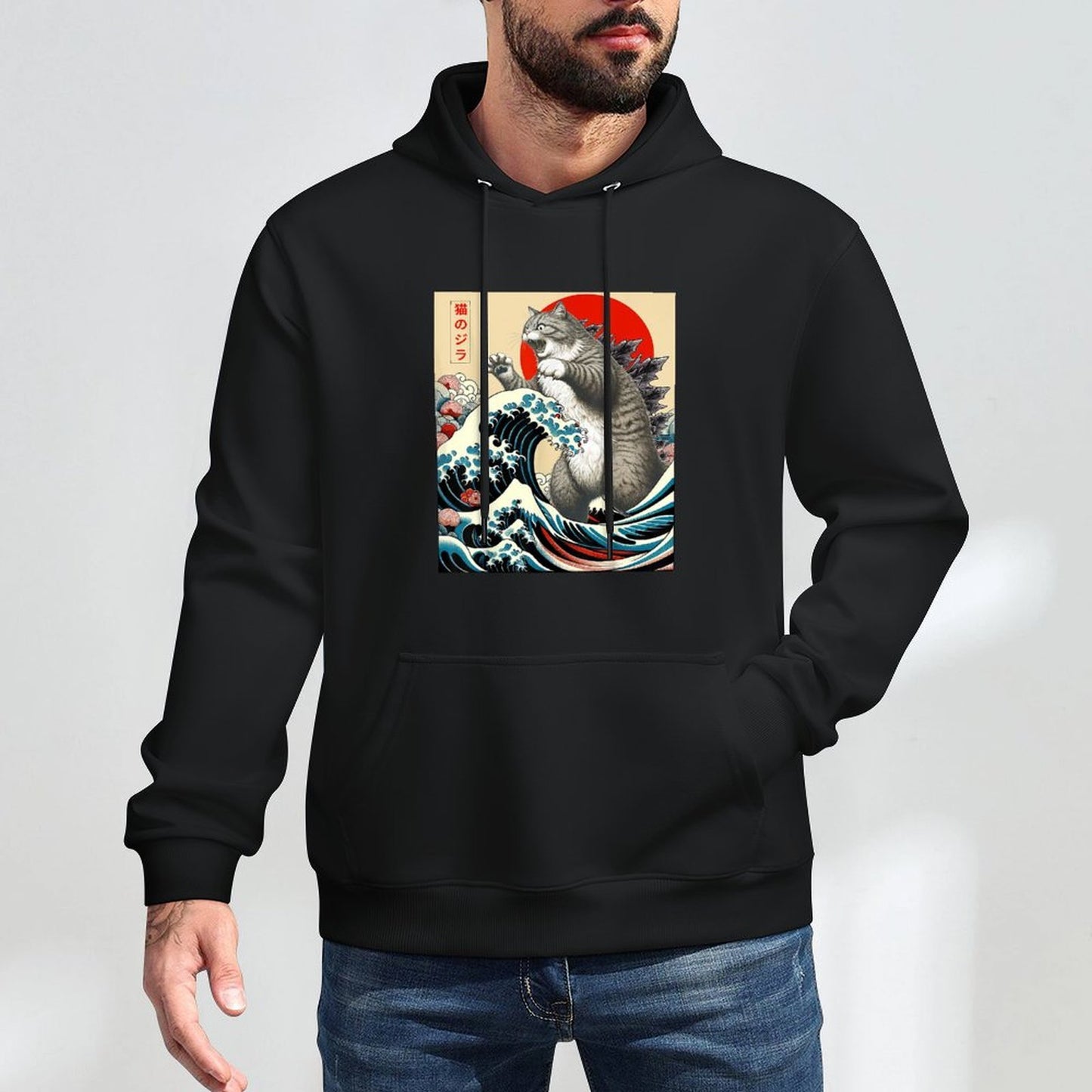 Catzilla Cat Japanese Art Funny Cat Gifts For Men Women Kid Adjustable Hood Hoodie