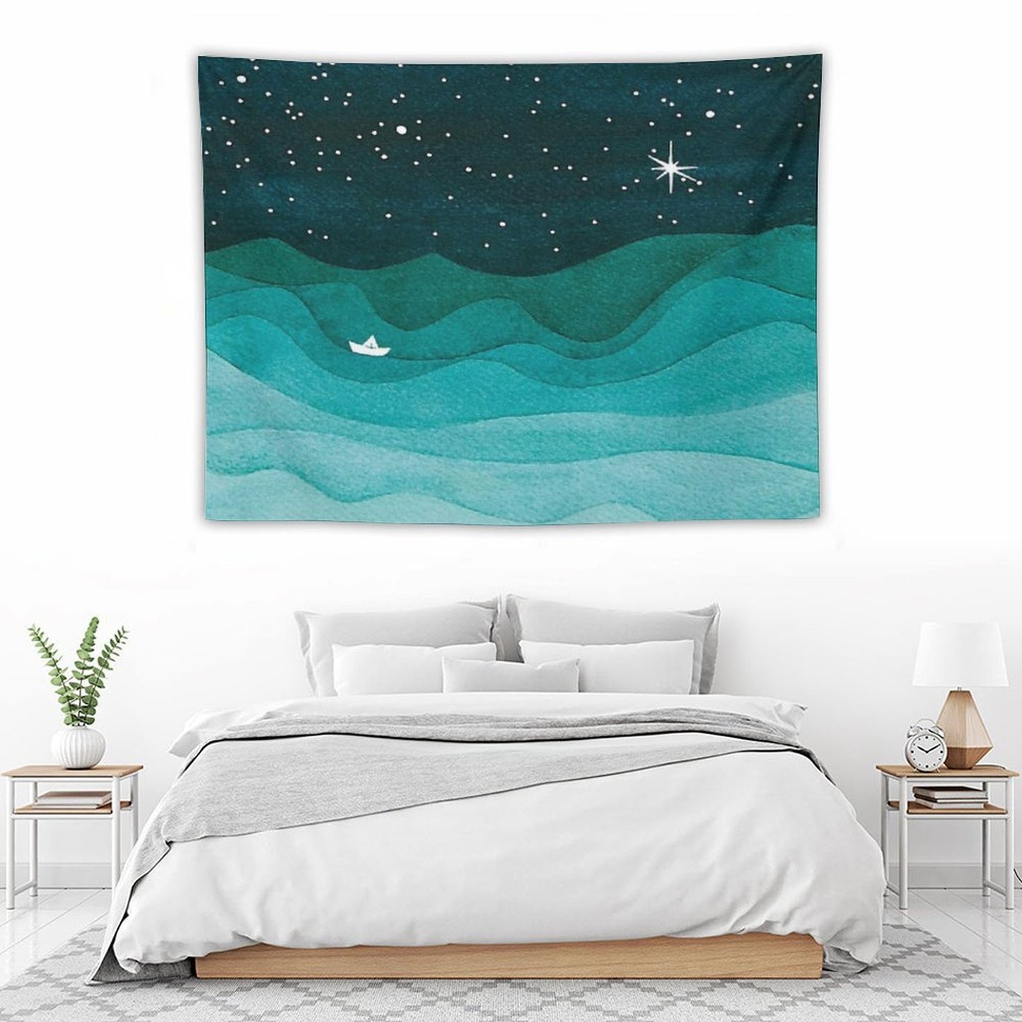 Starry Ocean, Teal Sailboat Watercolor Sea Waves Night Tapestry