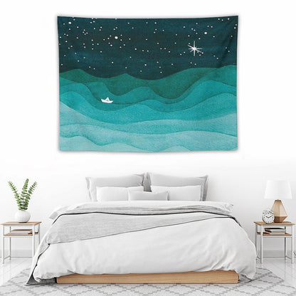 Starry Ocean, Teal Sailboat Watercolor Sea Waves Night Tapestry