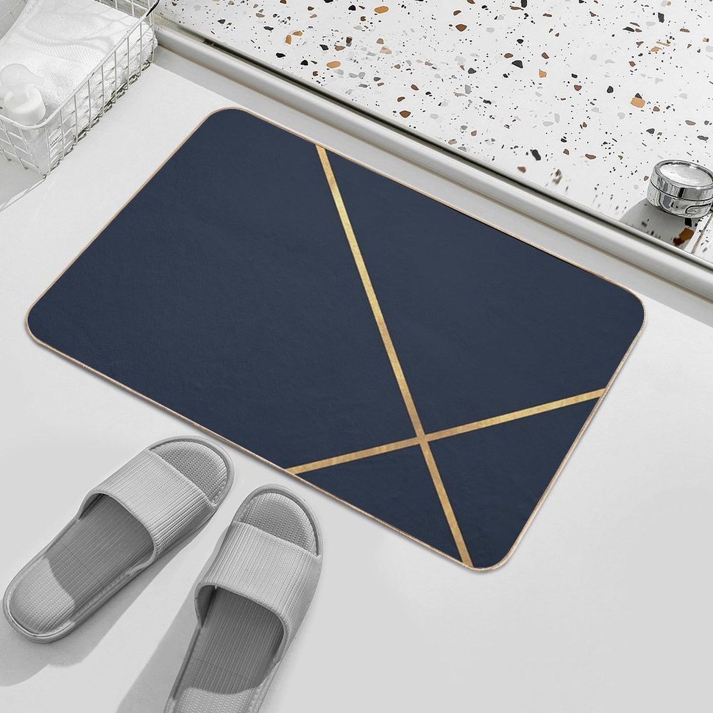 Minimalist Midnight Navy And Gold Lines Bath Mat