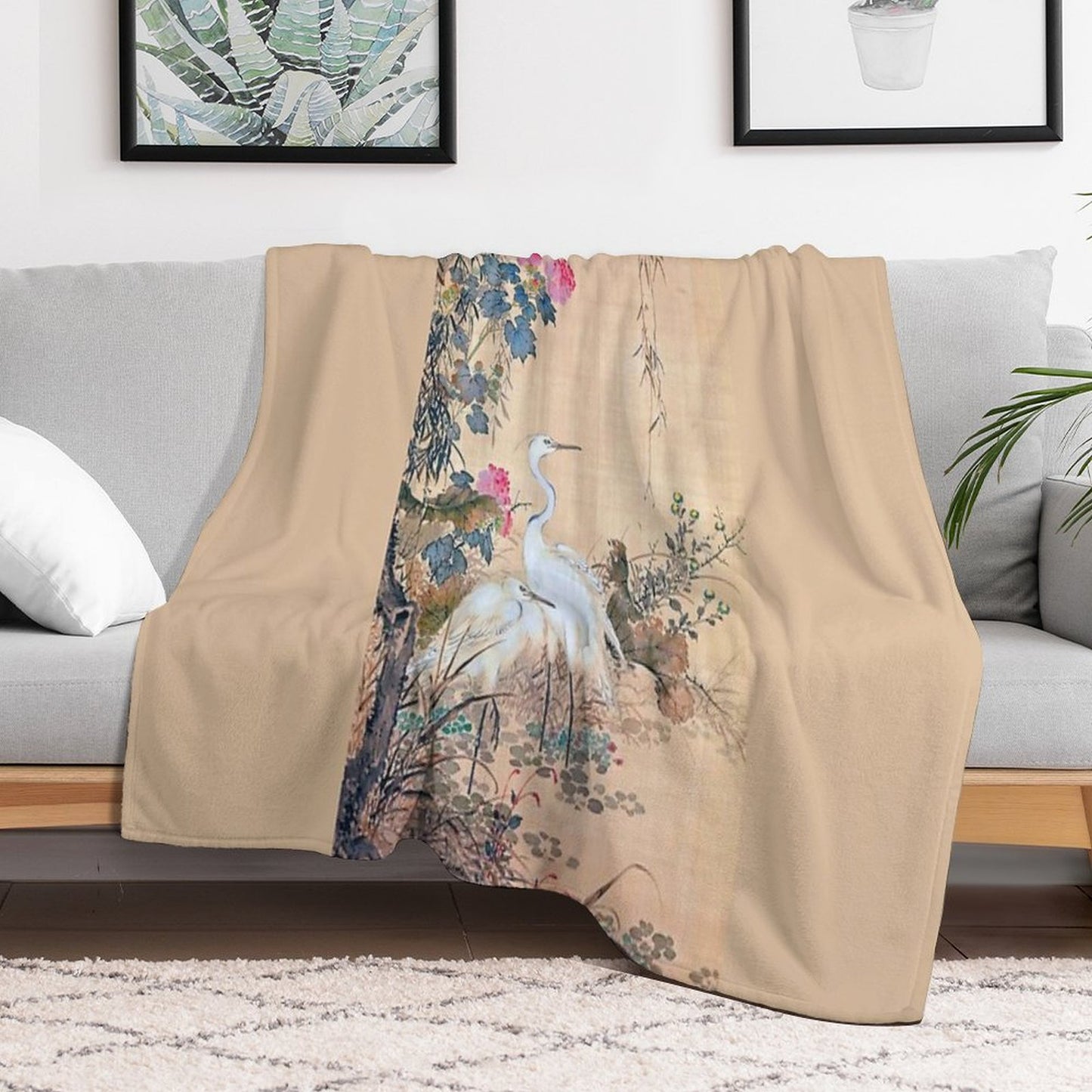 Egrets, Peonies, And Willows (Restored Japanese Artwork) Throw Blanket