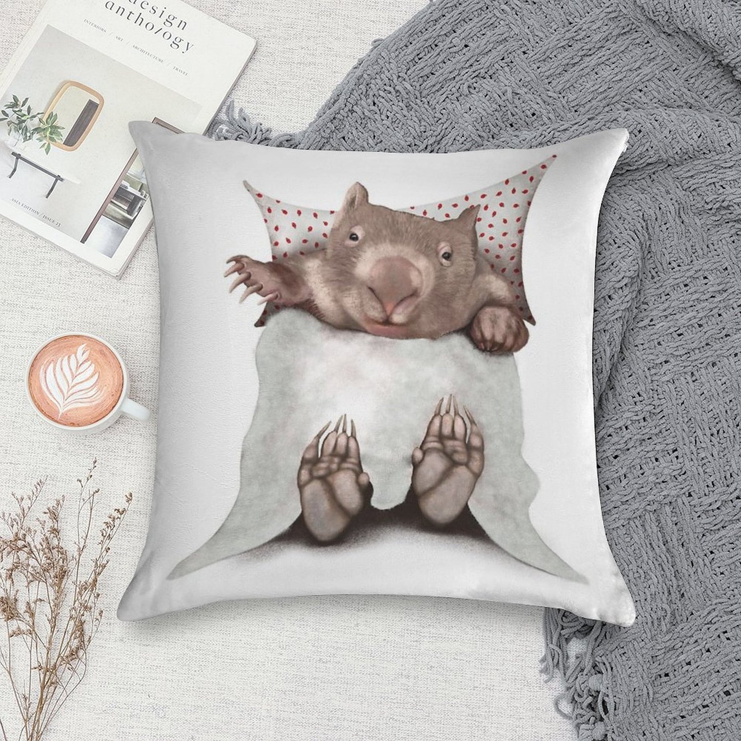 Wombat in Bed Soft Bedroom Essential Throw Pillow