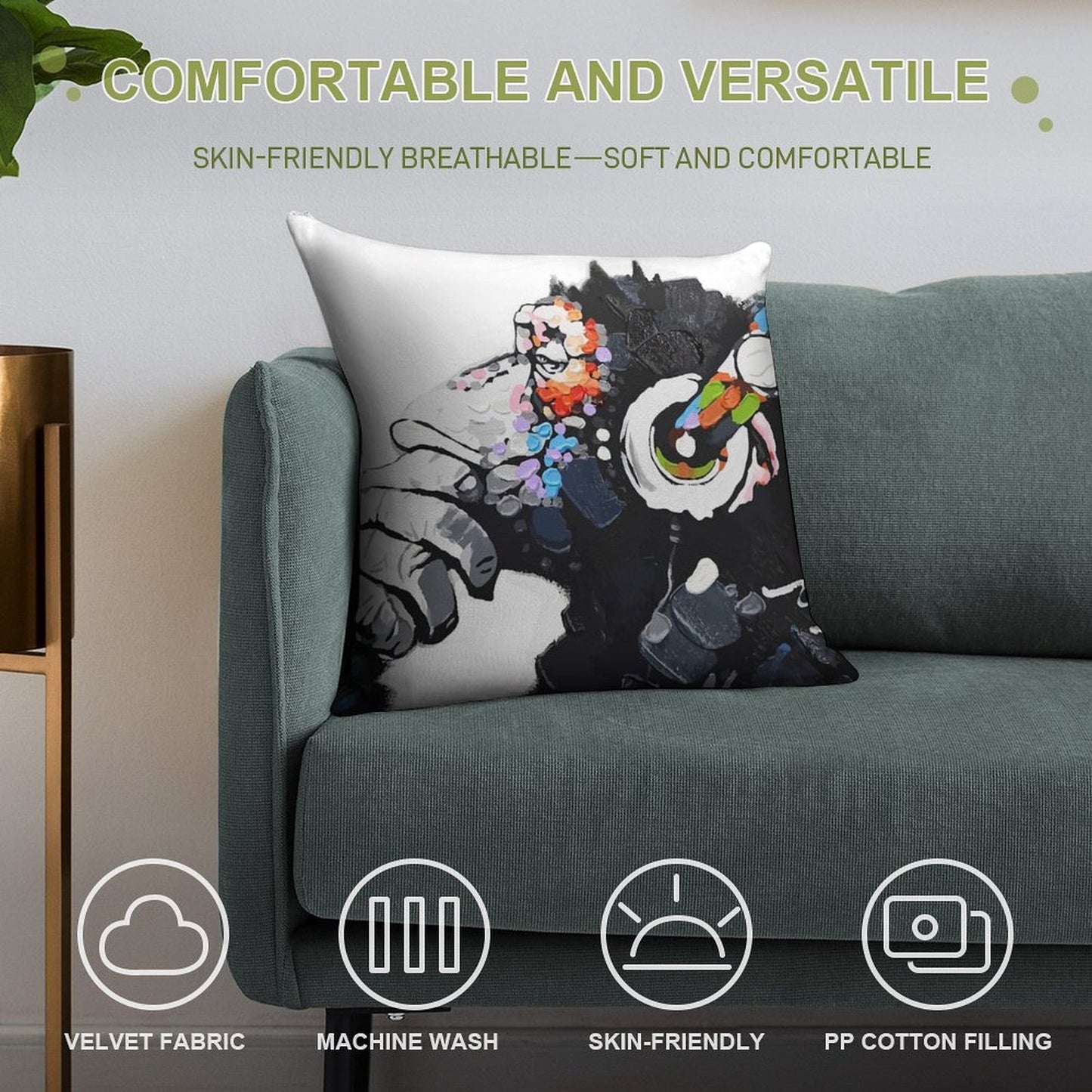 Banksy DJ Monkey Thinker with Headphones White Soft Home Decor Throw Pillow