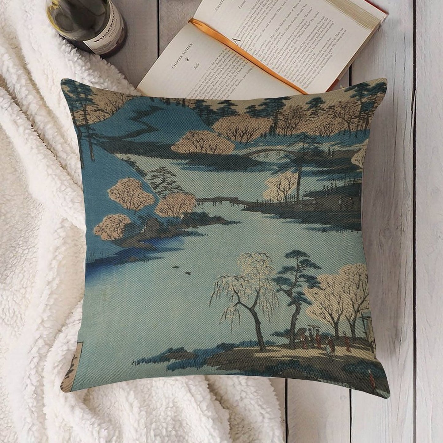 Vintage 1800's Japanese River Landscape Art Linen Throw Pillow Cover