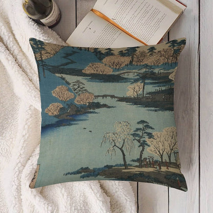 Vintage 1800's Japanese River Landscape Art Linen Throw Pillow Cover