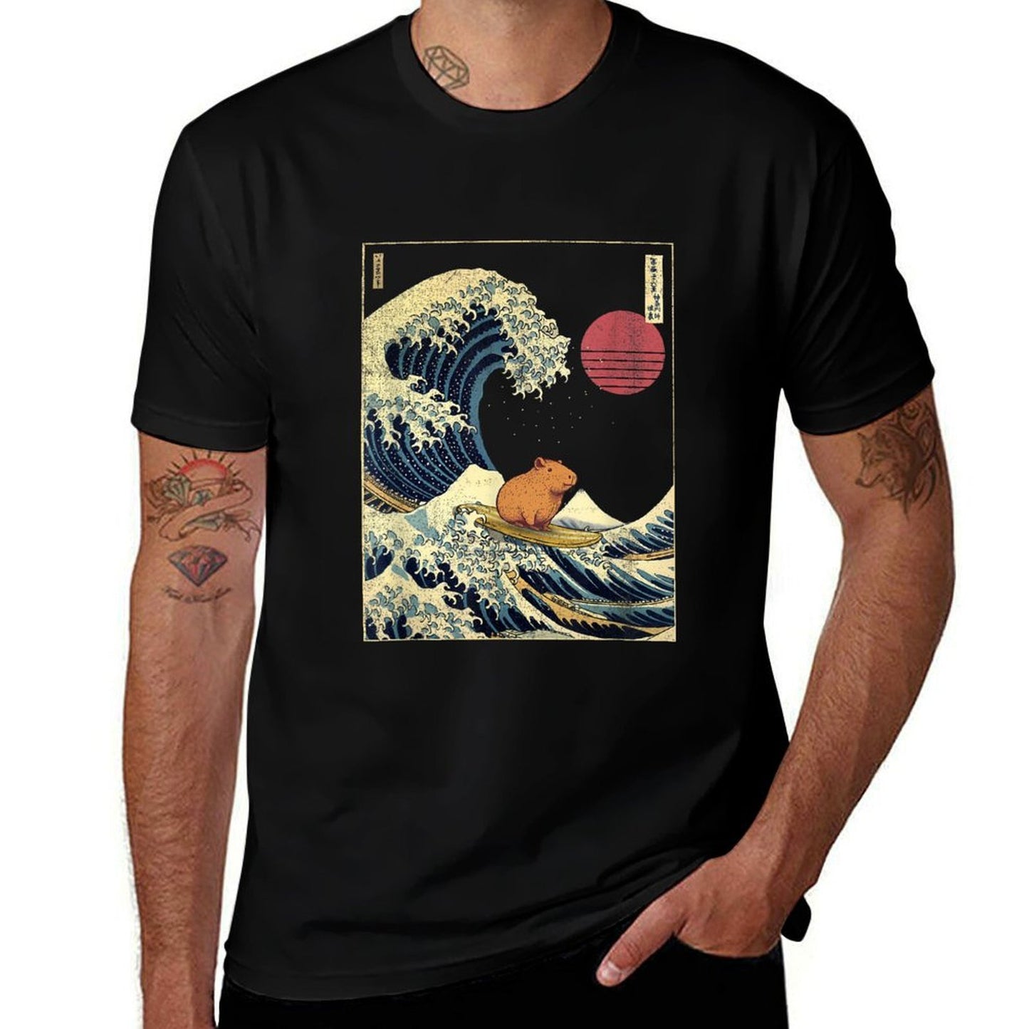 Capybara Japanese Kanagawa Wave Funny Surf Animal  Slim-fit Cut T-Shirt