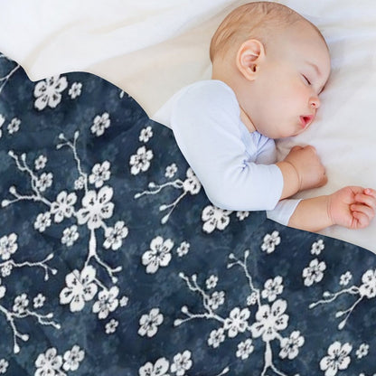 Navy And White Cherry Blossom Pattern Throw Blanket