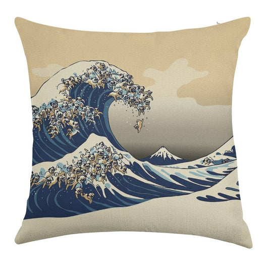 The Great Wave of Pugs Vanilla Sky Linen Throw Pillow Cover
