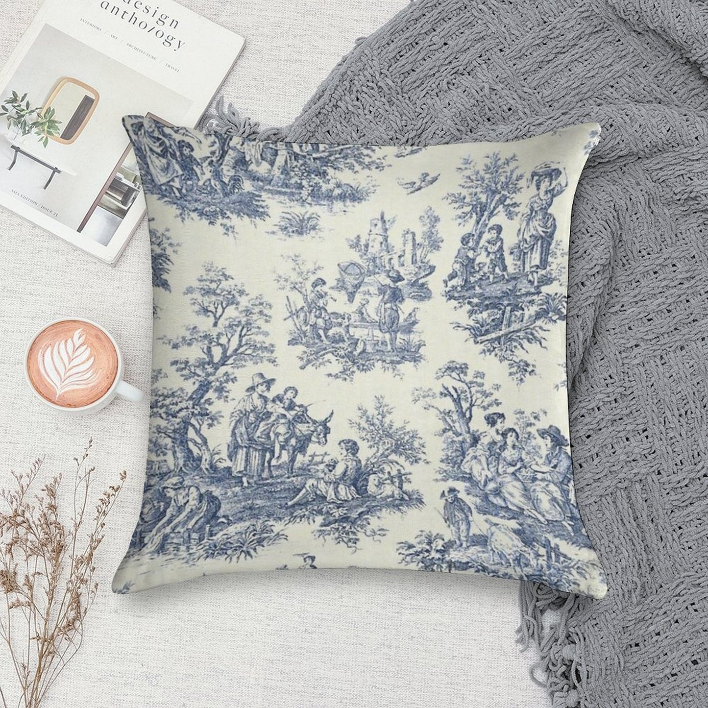 Powder Blue French Toile Picnic Designs Soft Ultra-Soft Texture Throw Pillow