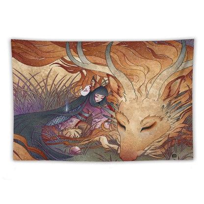 Slumbering Kitsune And Dragon Tapestry