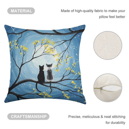 Cats Full Moon Linen Throw Pillow Cover
