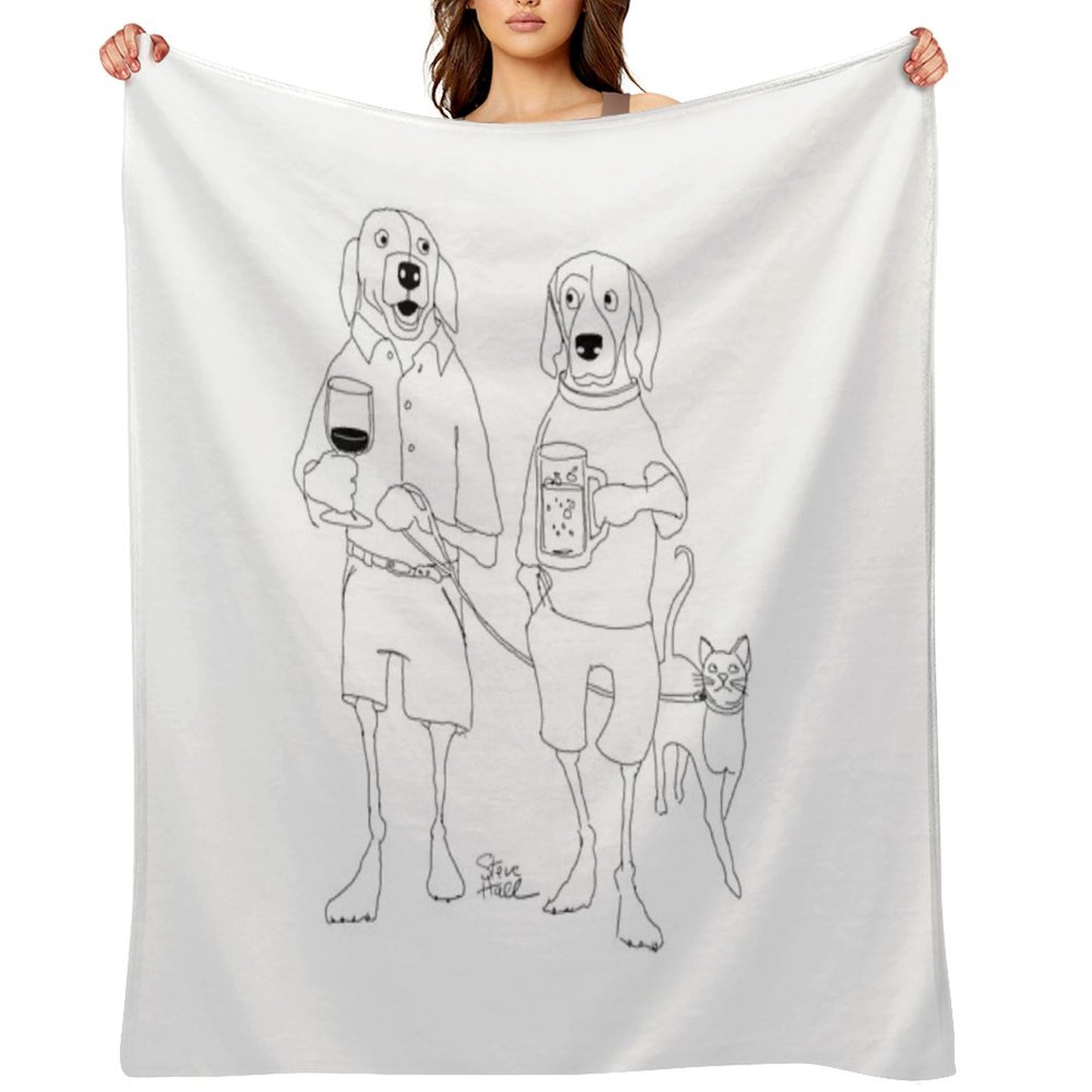 Dogs Casually Walking with Drinks And Leashed Cat Throw Blanket