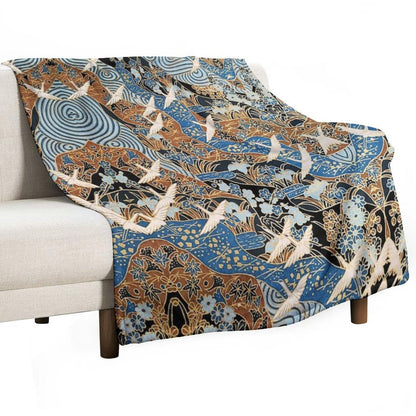 FLYING WHITE CRANES ON BLUE WATER AND SPRING FLOWERS  Antique Japanese Floral Throw Blanket