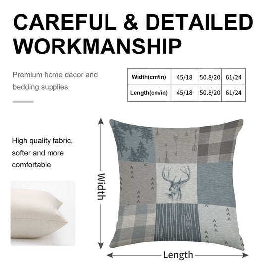 Deer Patchwork - Rustic Blue And Grey Linen Throw Pillow Cover