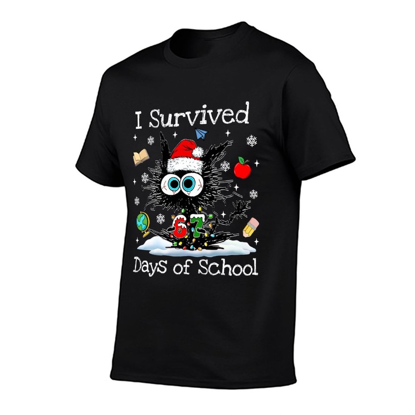 Funny Black Cat Christmas I Survived 67 Days of School  Cotton T-Shirt