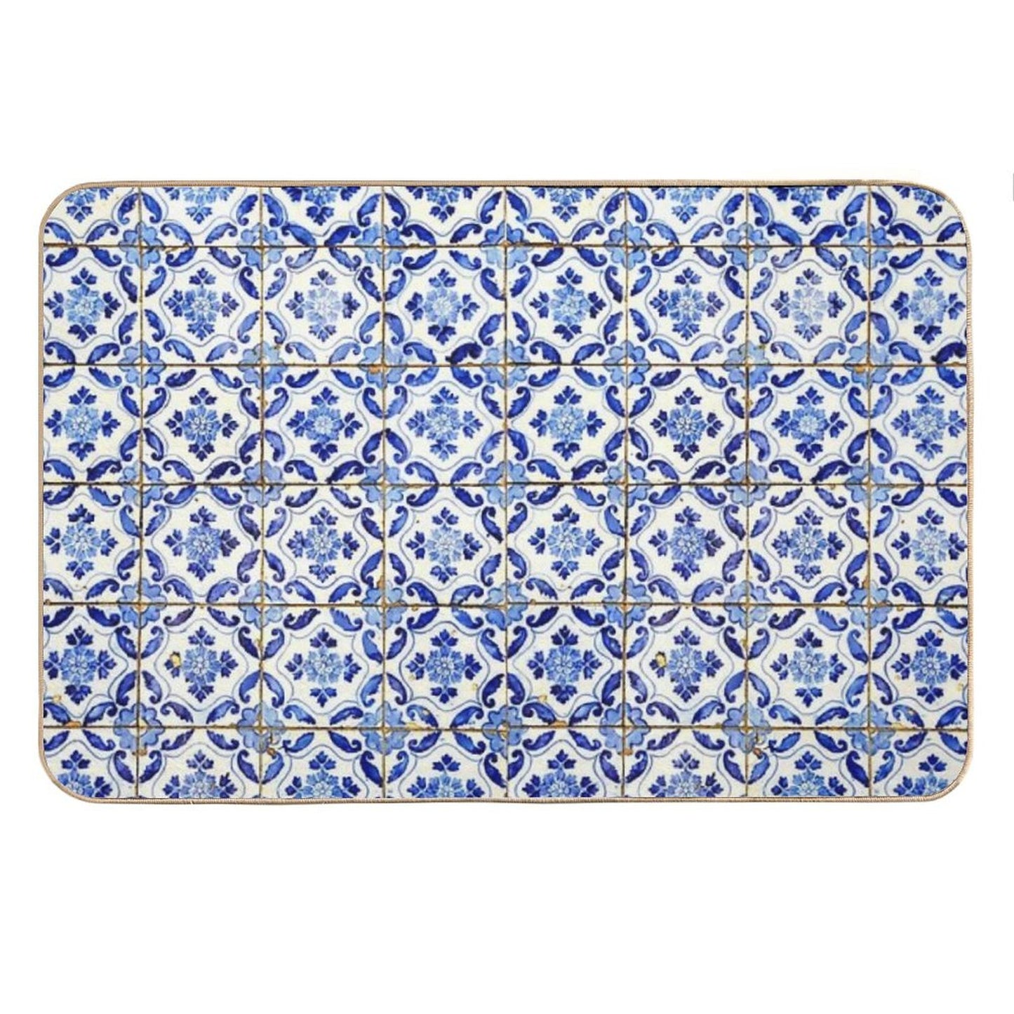 Portuguese Tiles. Blue Flowers And Leaves Bath Mat