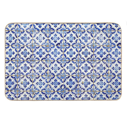 Portuguese Tiles. Blue Flowers And Leaves Bath Mat