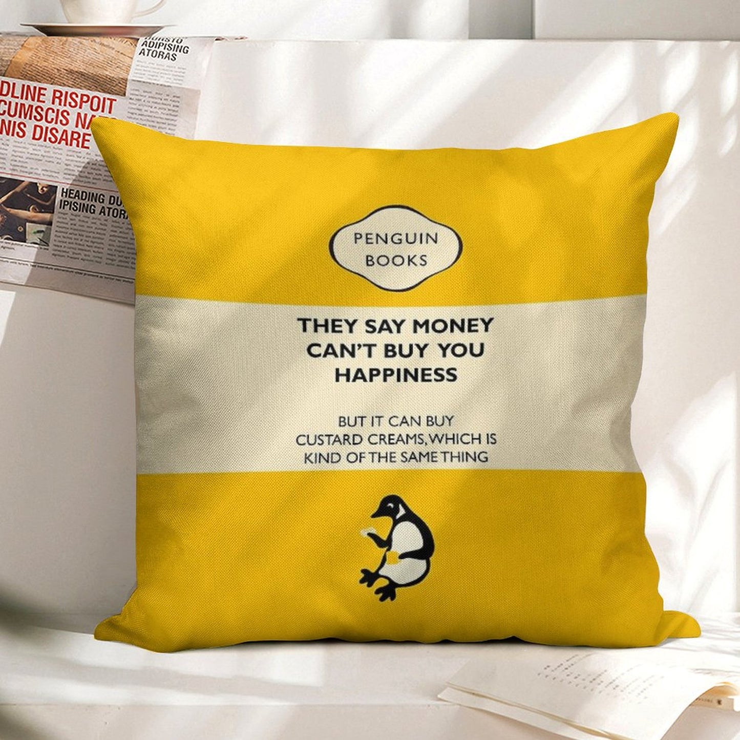 Custard Creams - Parody Penguin Book Cover Linen Throw Pillow Cover