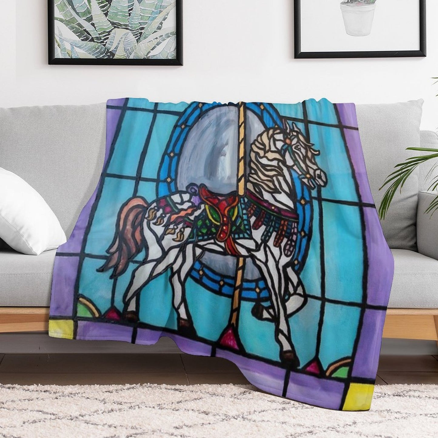 Stained Glass Carousel Horse Throw Blanket