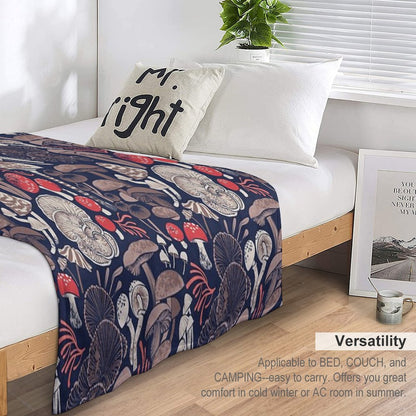 Mystical Fungi  Midnight Blue Background Brown Red And Coral Wild Mushrooms Throw Blanket