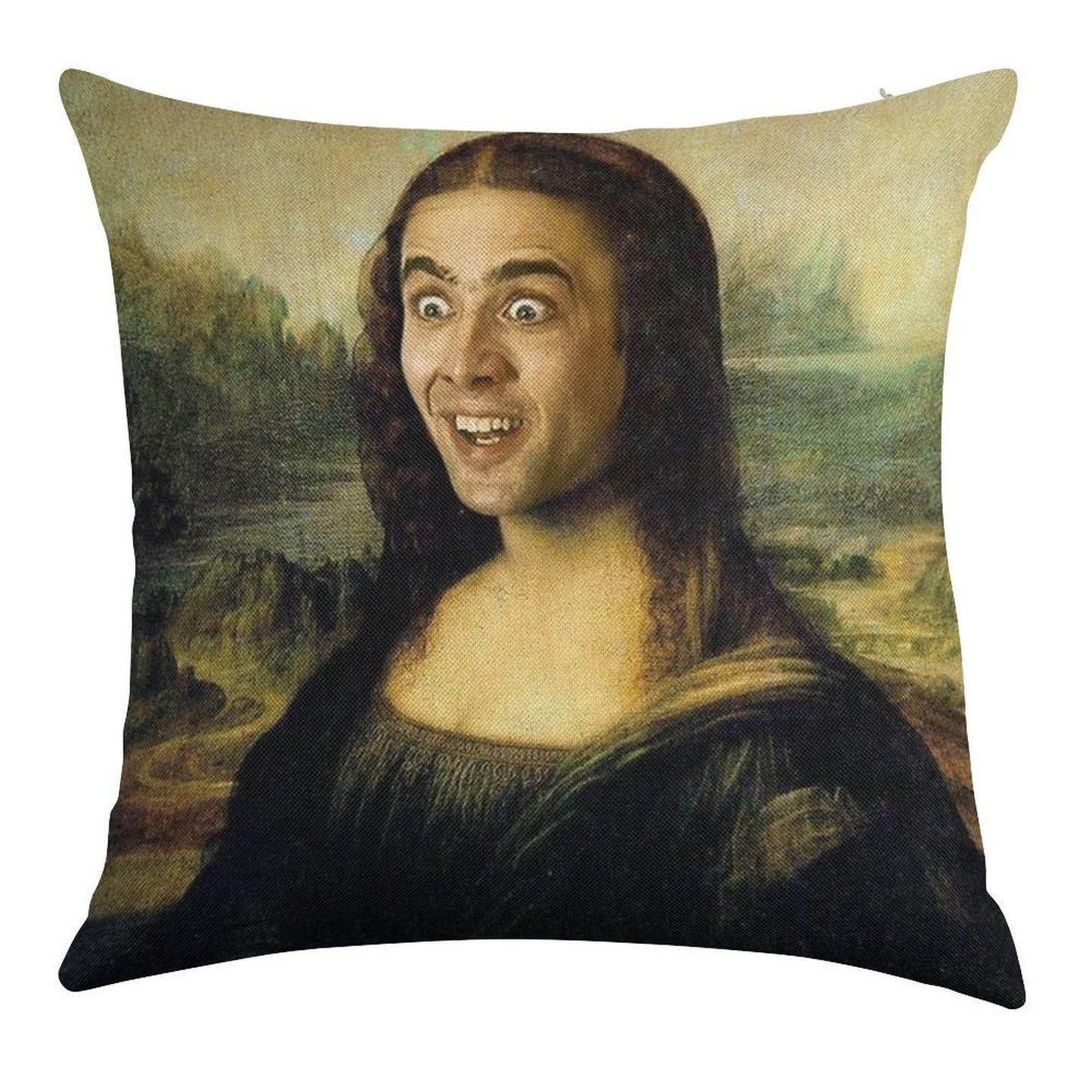 Nicolas Cage As The Mona Lisa Linen Throw Pillow Cover
