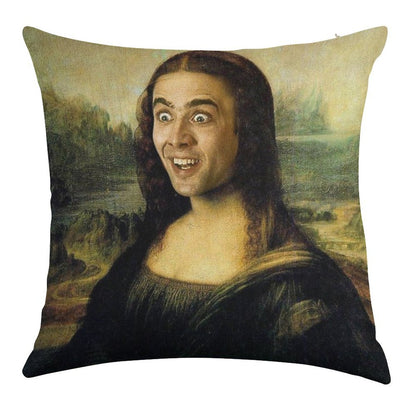 Nicolas Cage As The Mona Lisa Linen Throw Pillow Cover