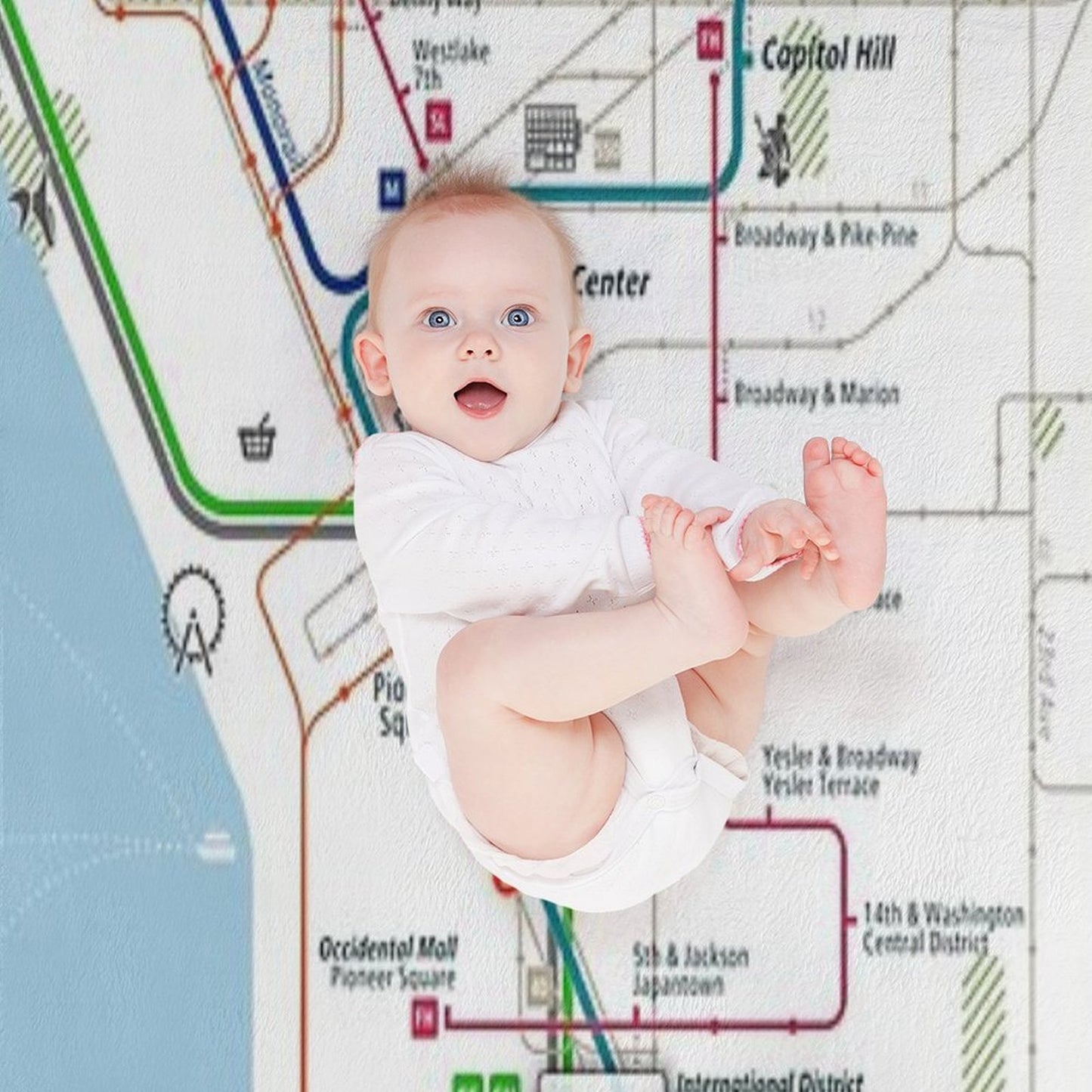 Seattle City Rail Map Square Throw Blanket
