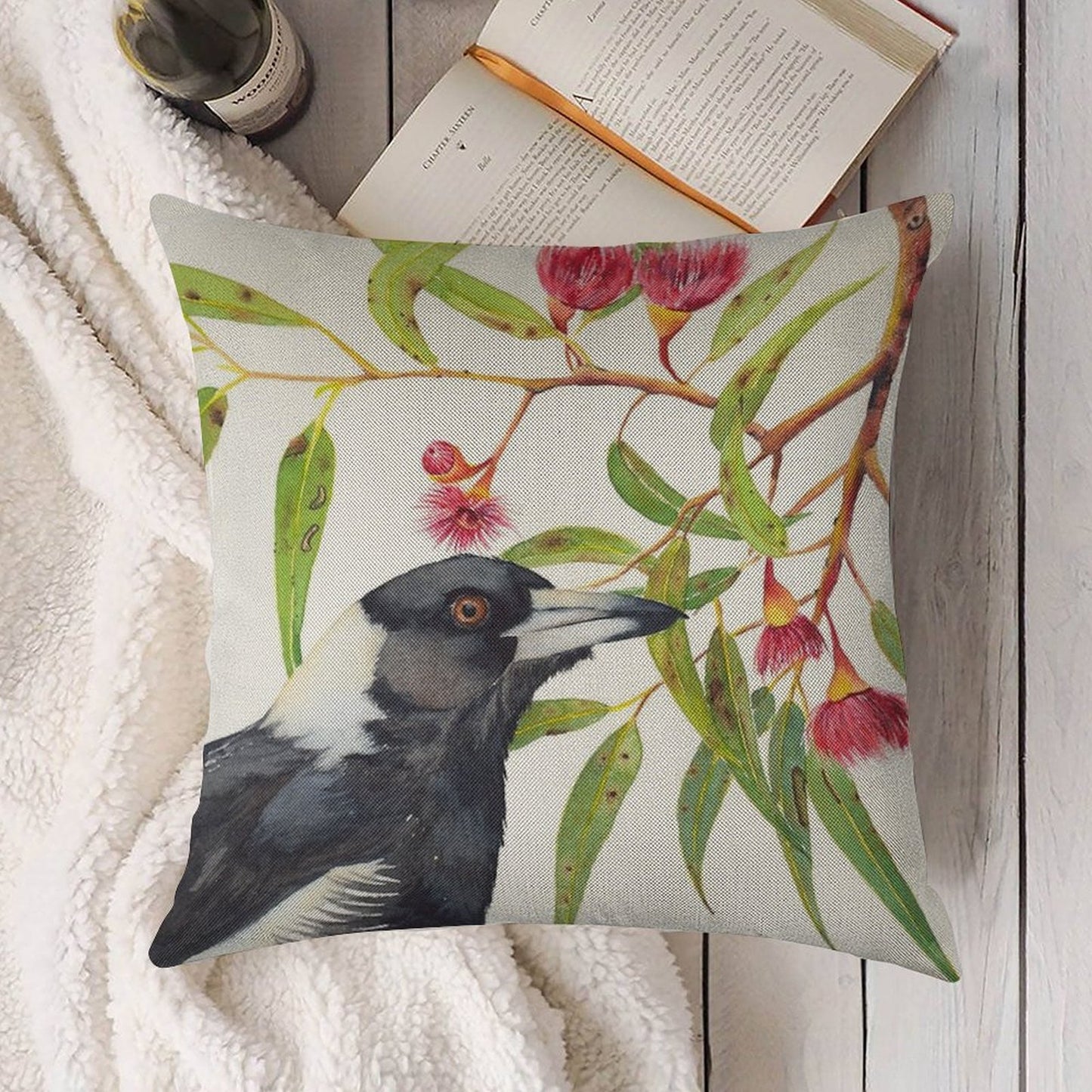 Australian Magpie And Eucalyptus Blossoms Watercolour Painting Linen Throw Pillow Cover