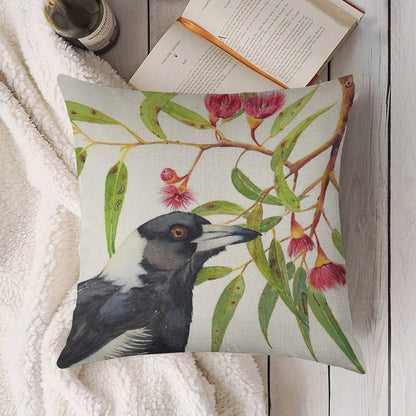 Australian Magpie And Eucalyptus Blossoms Watercolour Painting Linen Throw Pillow Cover