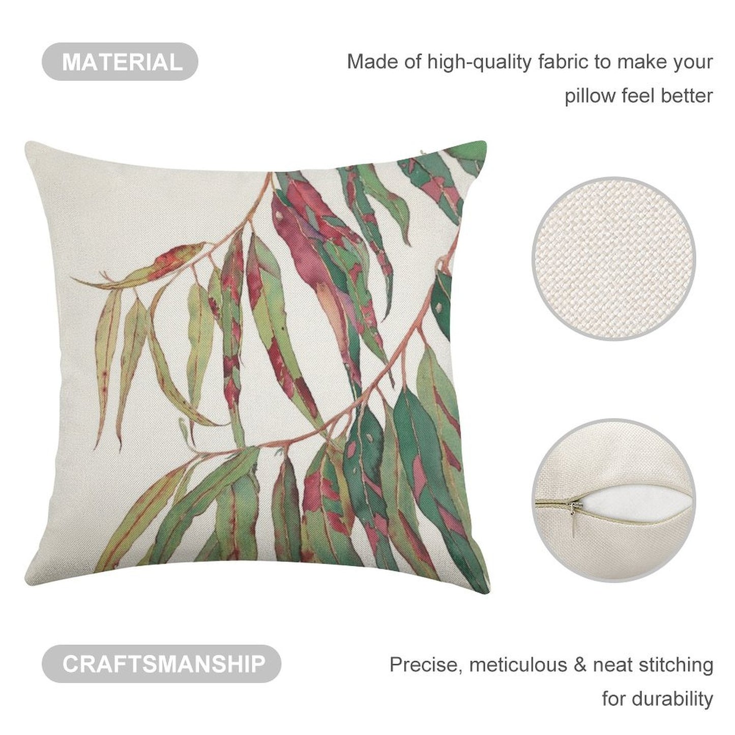 A Touch of Red - Watercolour of Eucalyptus Branch Linen Throw Pillow Cover