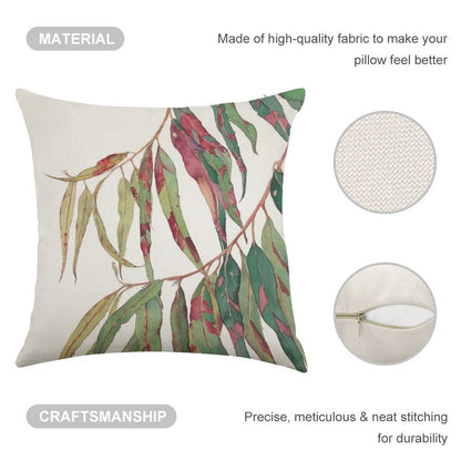 A Touch of Red - Watercolour of Eucalyptus Branch Linen Throw Pillow Cover