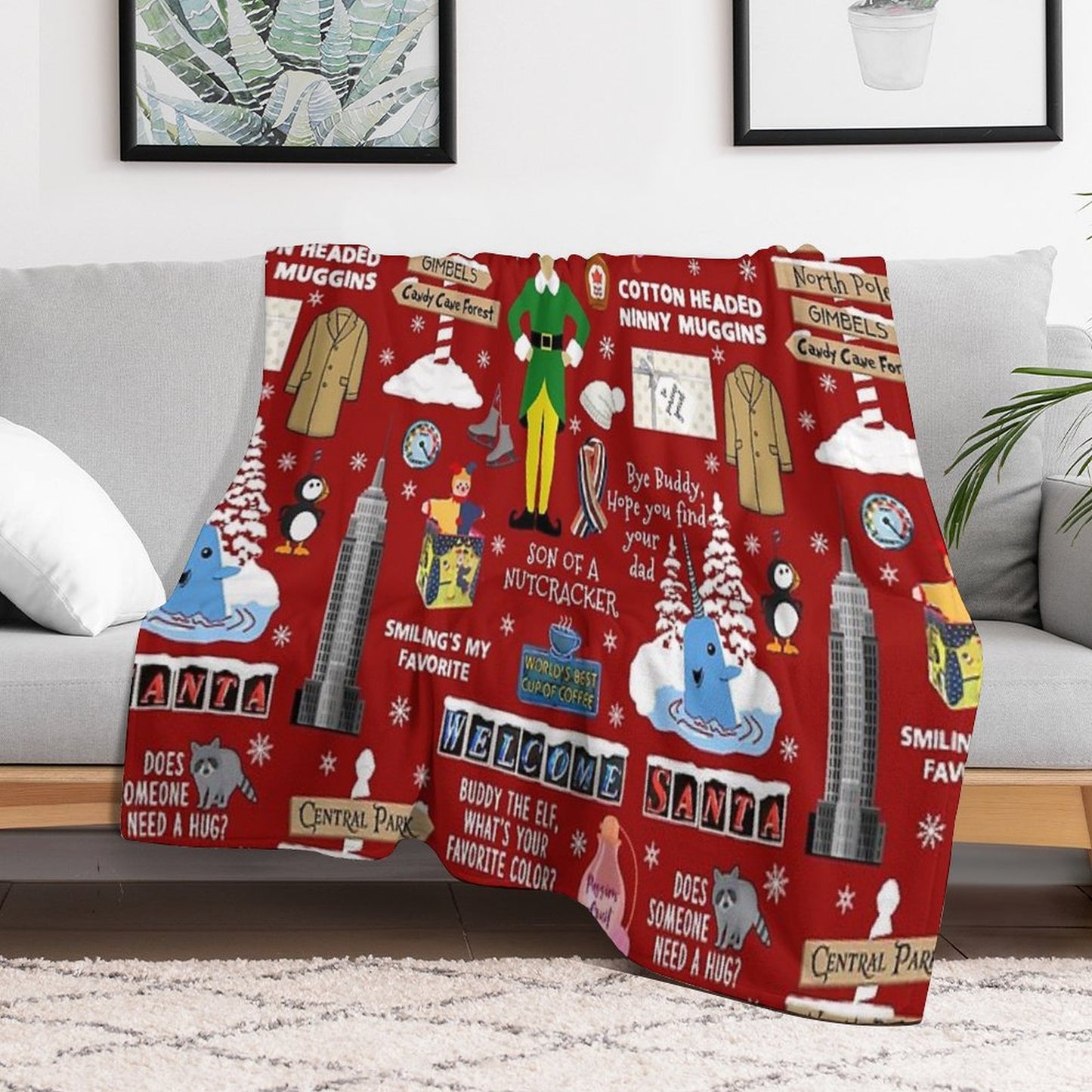 Buddy The Elf Collage, Red Background Throw Blanket