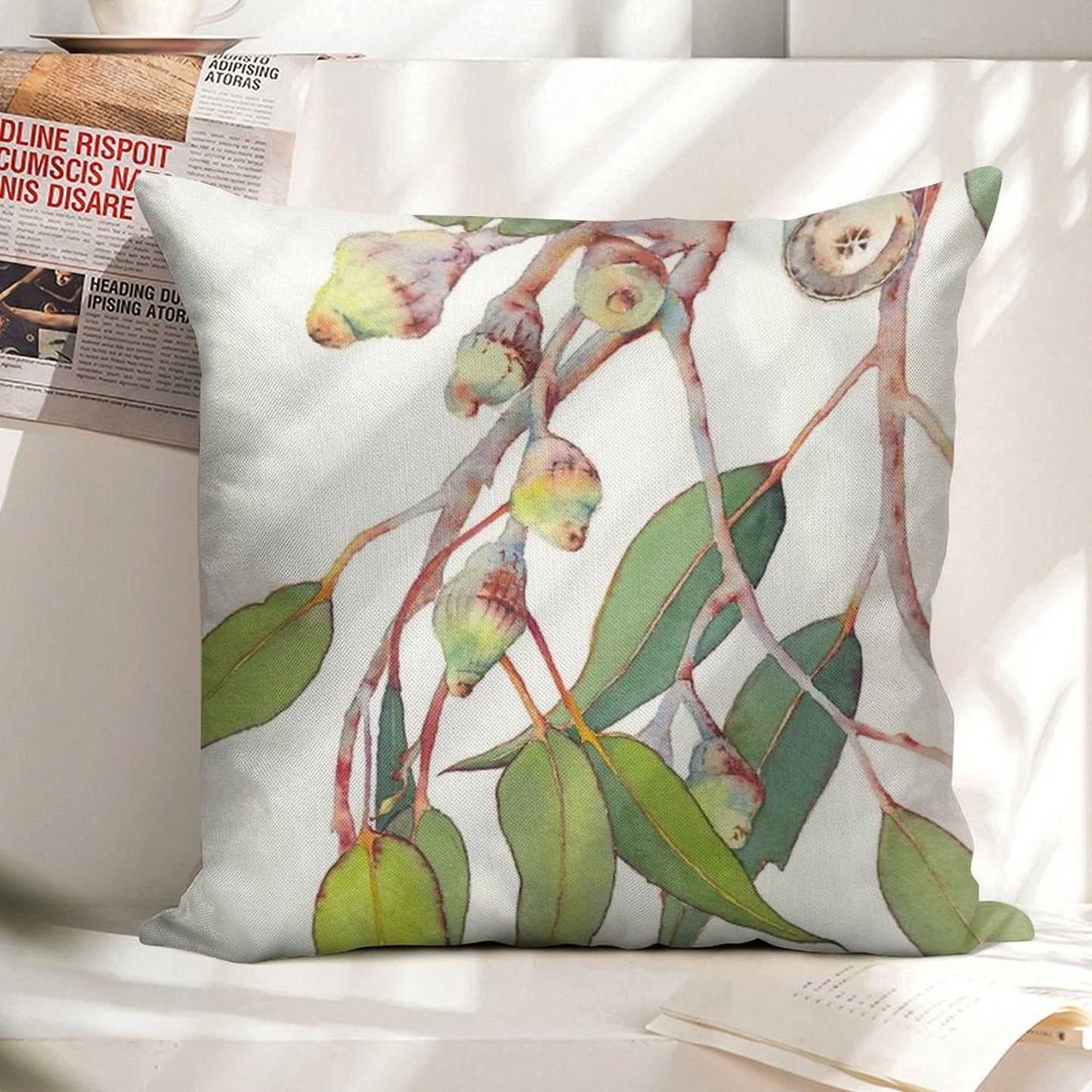 Australian Native Eucalyptus Tree Branch Watercolour Linen Throw Pillow Cover