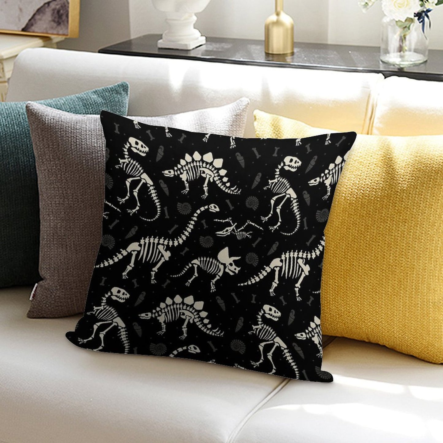 Dinosaur Fossils in Black Soft Shrink-Resistant Throw Pillow