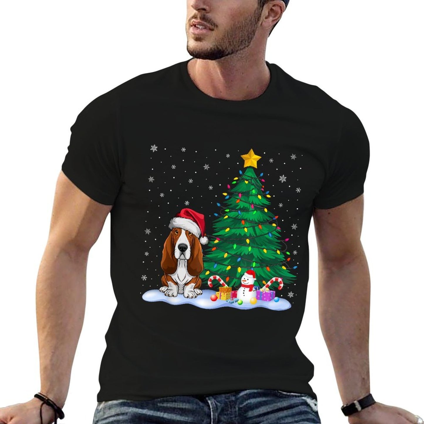 Basset Hound Dog Xmas Tree Lights Reindeer Hat Christmas for Men Women Kids  Trendy Pattern T-Shirt