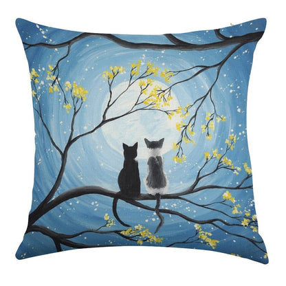Cats Full Moon Linen Throw Pillow Cover