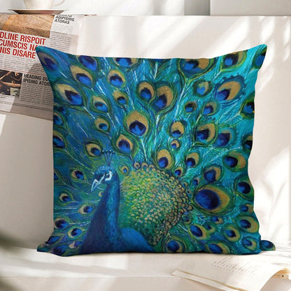Peacock Full Glory 2 Linen Throw Pillow Cover