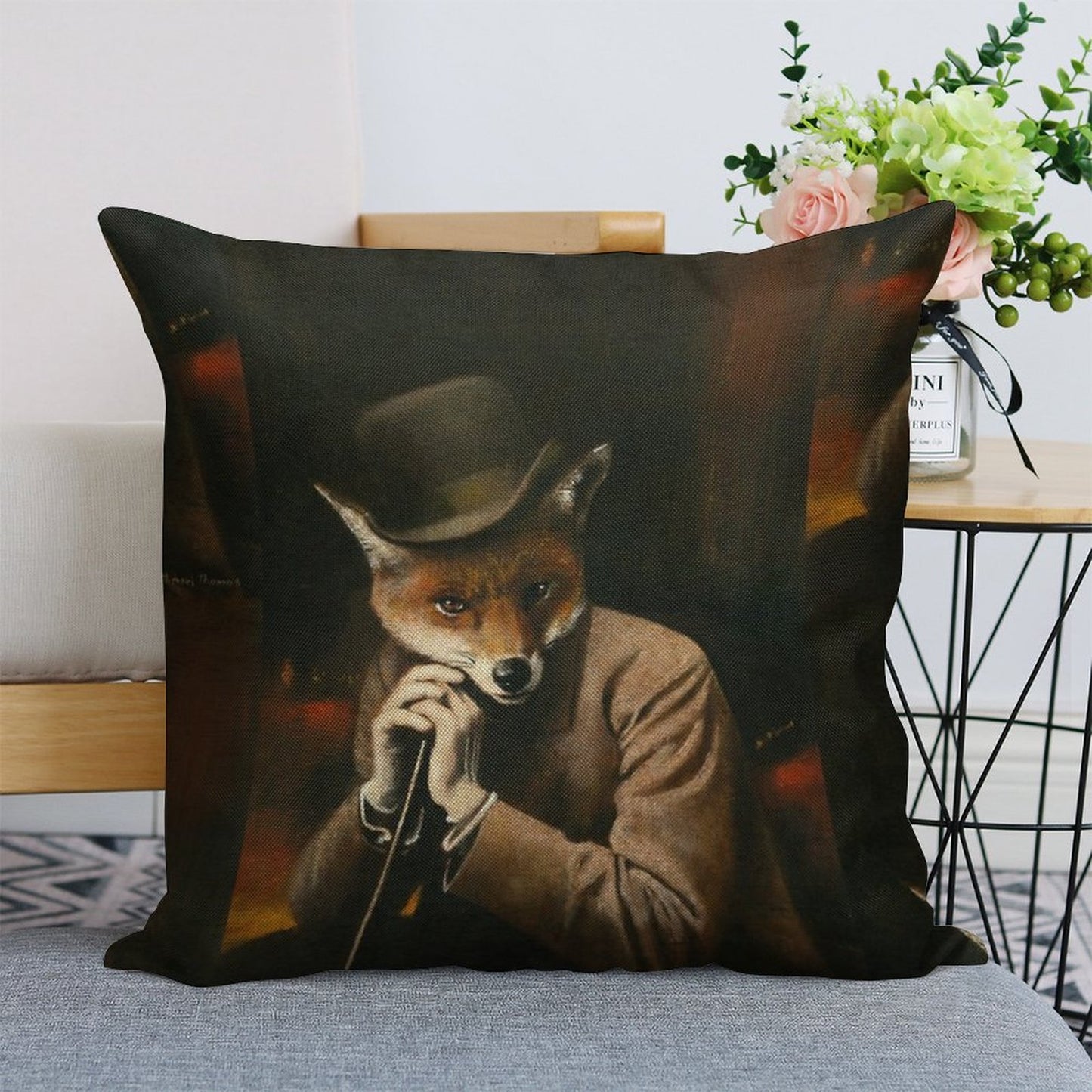 Edwardian Gentleman Fox Linen Throw Pillow Cover