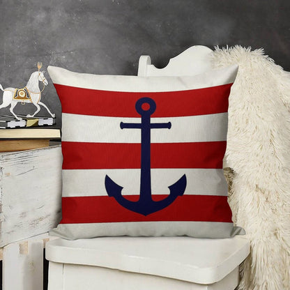 Nautical Navy Blue Anchor On Red Stripes Linen Throw Pillow Cover