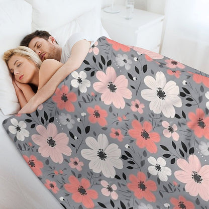 Pink Salmon White Grey Flowers Grey Background Pattern Throw Blanket